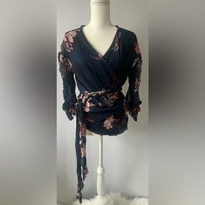 Dark Blue Zara Floral Wrap Flounce-Sleeved Blouse